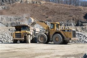 Silver Hill Quarry: A Caterpillar 990 loads a Caterpillar 773 with shot rock.