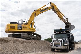 Haines & Kibblehouse, Inc.: A Komastu PC360 loads crushed concrete into a Mack Granite dump truck on I-95 in Philadelphia, PA. 