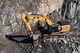 Pyramid Quarry: A Caterpillar 349F moves shot rock.